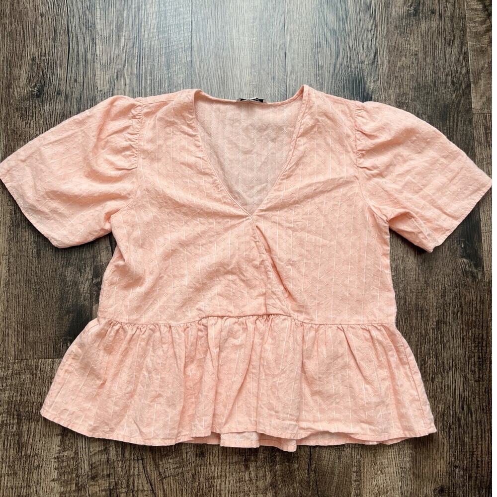 Madewell Womens Sz Small Coral Pink V-Neck Crossover Peplum Cropped Top Blouse